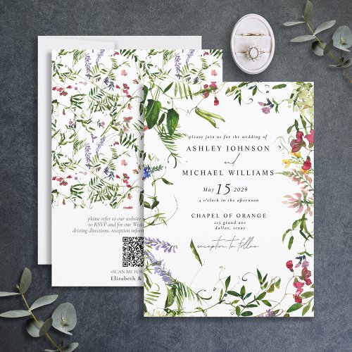 QR Code Modern Wildflower Botanical Floral Wedding Invitation
