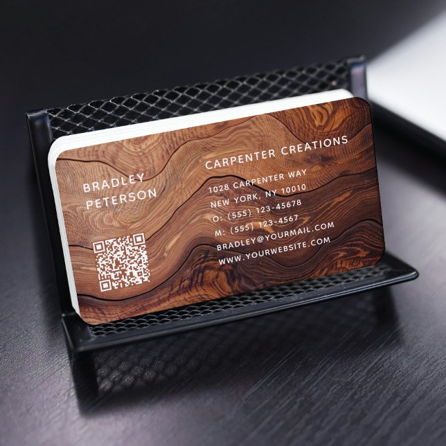 QR Code Modern Wooden Carpentry Construction Business Card (Creator Uploaded)