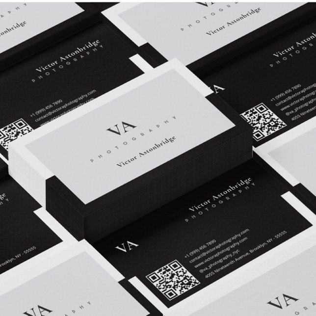 QR Code Monogram Balck White Gray Photography Business Card (Creator Uploaded)