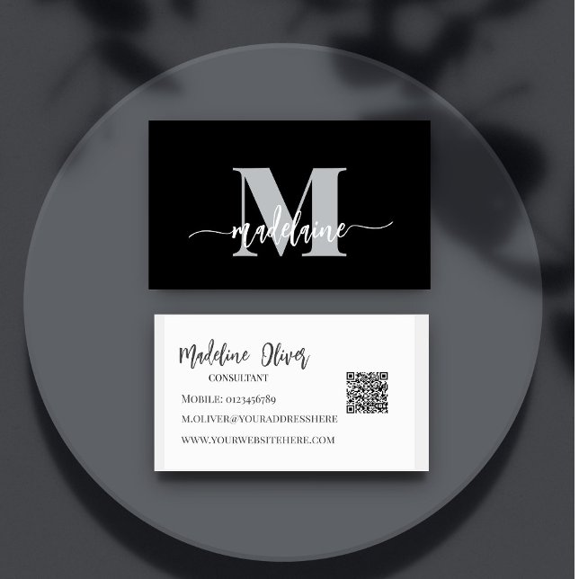 QR Code Monogram Black Elegant  Business Card (Creator Uploaded)