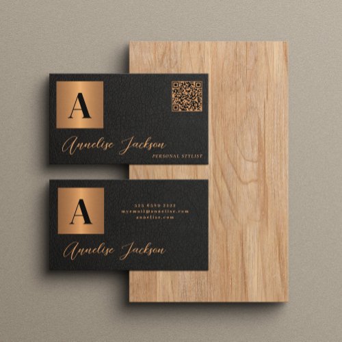 QR code monogram black gold luxury elegant  Business Card