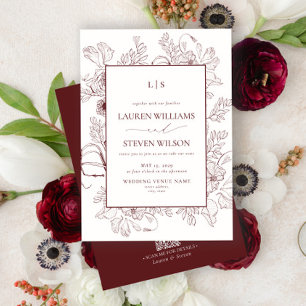 QR Code Monogram Burgundy Floral Line Art Wedding Invitation