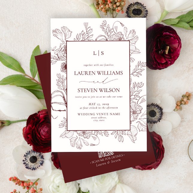 QR Code Monogram Burgundy Floral Line Art Wedding Invitation (Creator Uploaded)