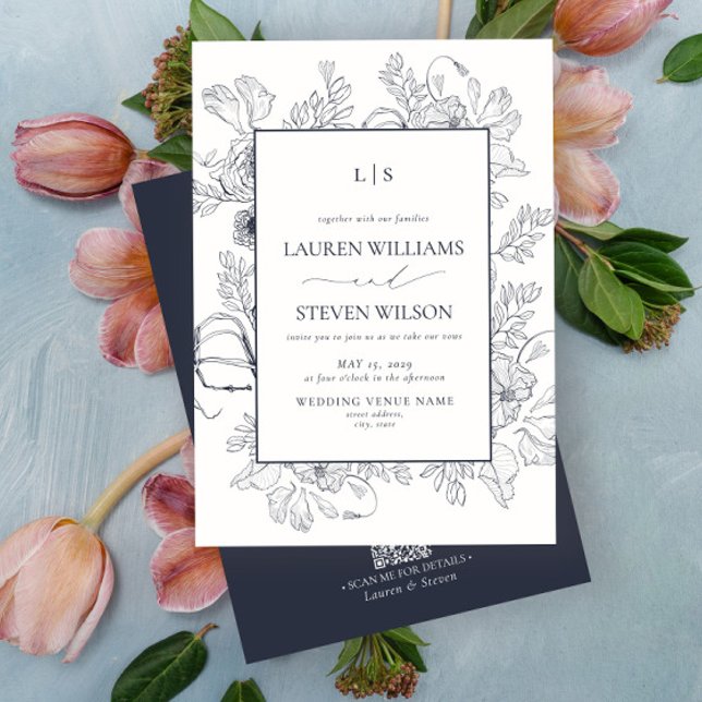 QR Code Monogram Elegant Navy Blue Floral Line Art Invitation (Creator Uploaded)