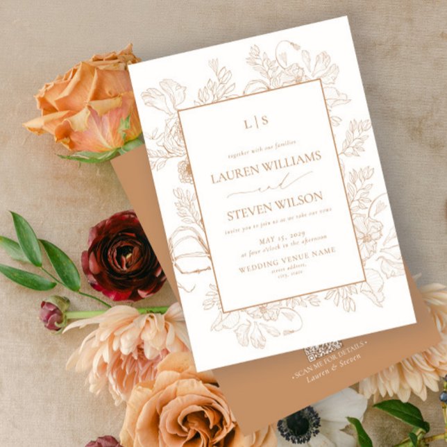 QR Code Monogram Elegant Terracotta Floral Line Invitation (Creator Uploaded)