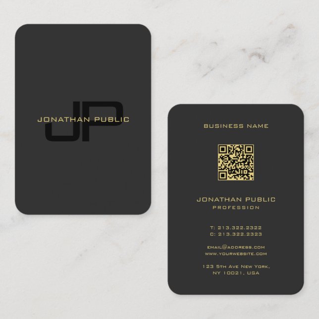 QR Code Monogram Template Black And Gold Mighty Business Card (Front/Back)