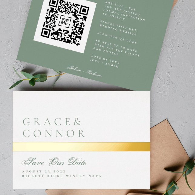 QR Code Moss Green Stripe Photo Save The Date Foil Invitation (Creator Uploaded)