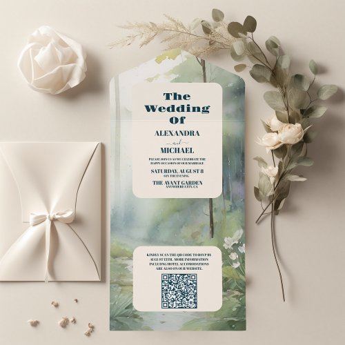 QR Code Mountain Forest Elegant Rustic Wedding All In One Invitation