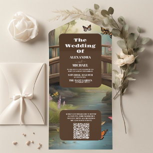 QR Code Mountain Lake Watercolor Tree Wedding All In One Invitation