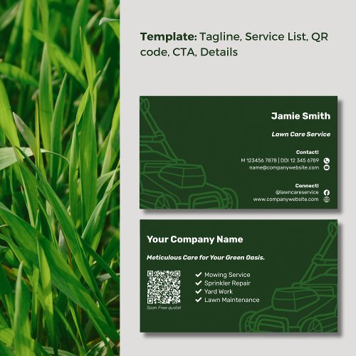 QR Code Mower Outline Custom Dark Green Lawn Care Business Card