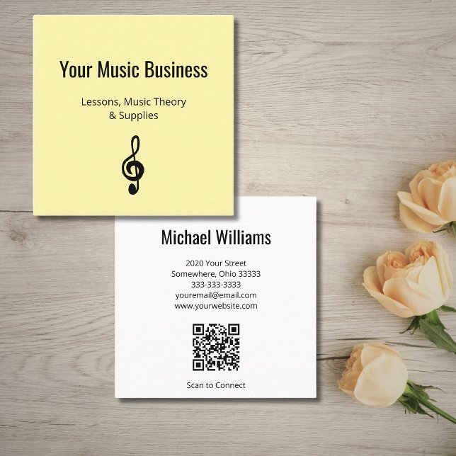 QR code Music Lessons Musical Treble Clef Yellow Square Business Card (Creator Uploaded)