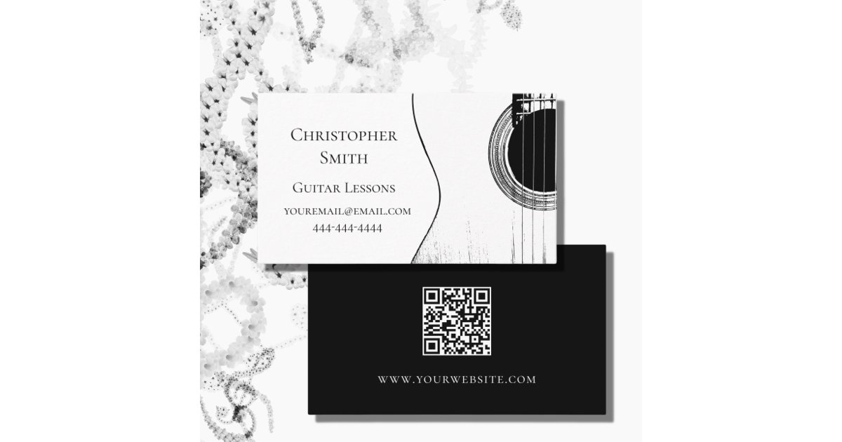 Qr code musical black white guitar lessons business card zazzle