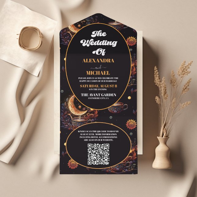 QR Code Mystical Black Gold Celestial Wedding All In One Invitation (Creator Uploaded)
