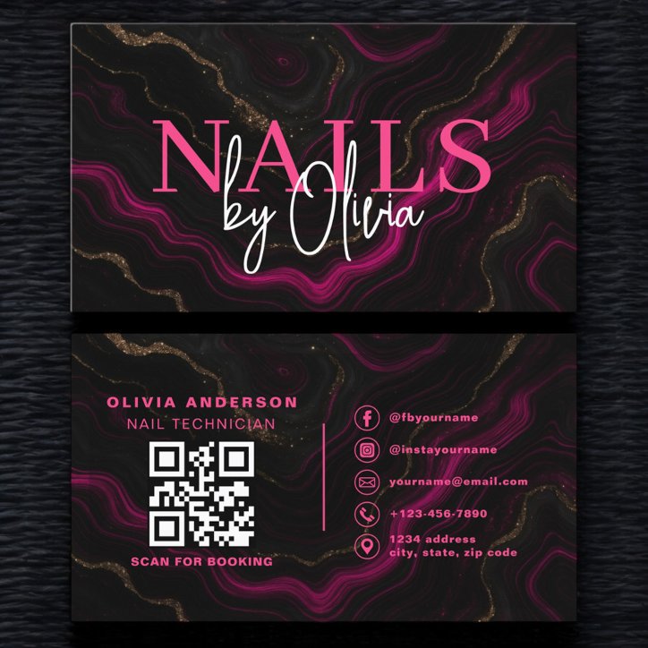 QR Code Nail Specialist Artist Black Hot Pink Business Card