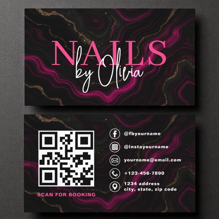QR Code Nail Specialist Artist Pink Black Agate Business Card