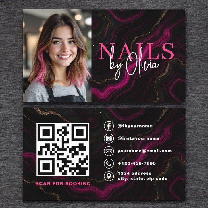 QR Code Nail Specialist Photo Hot Pink Marble Business Card