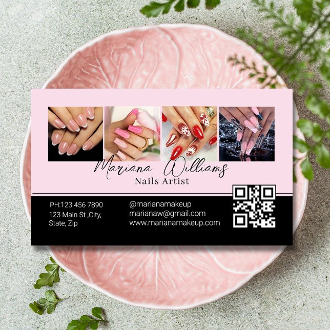 qr code nails artist 4 photos collage pink blak business card (Creator Uploaded)