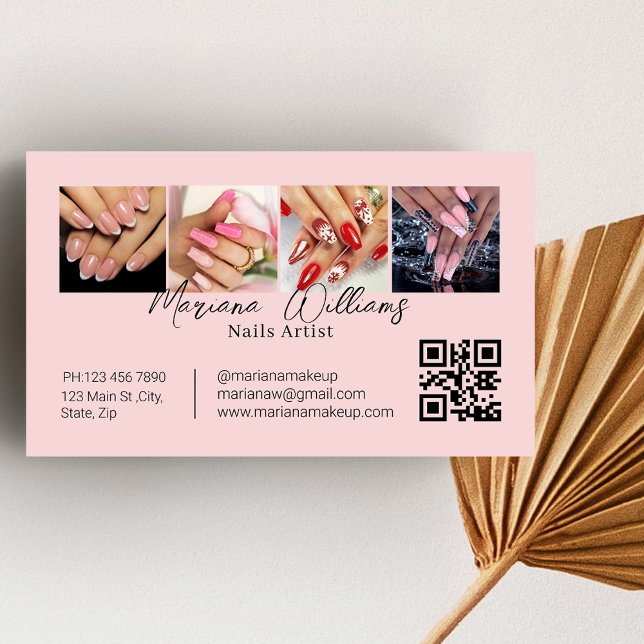qr code nails artist 4 photos collage pink business card (Creator Uploaded)
