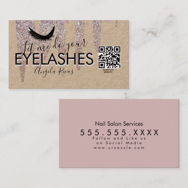 QR CODE Nails Salon Pink Glitter Dripping Rustic Business Card (Front/Back)