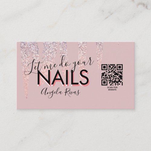 QR CODE Nails Salon Quote Blush Pink Glitter Drip Business Card