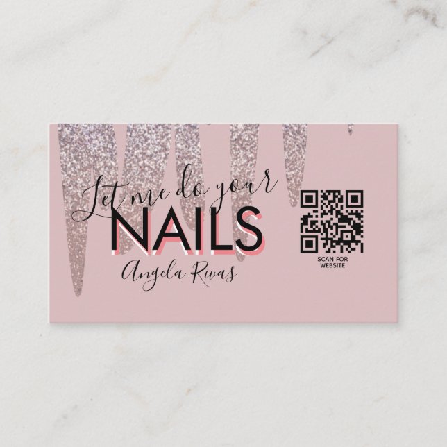 QR CODE Nails Salon Quote Blush Pink Glitter Drip Business Card (Front)