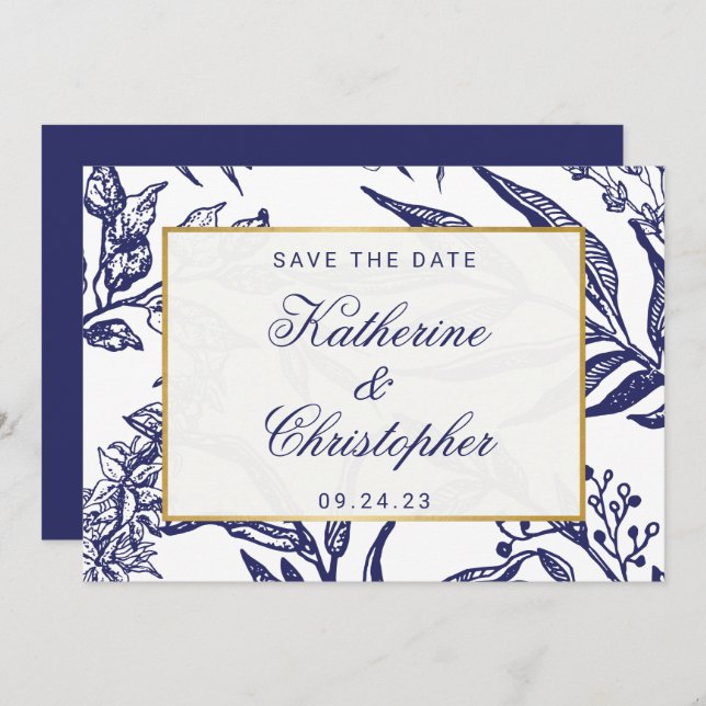 QR Code Navy Blue Botanical Photo Save the Date (Front/Back)