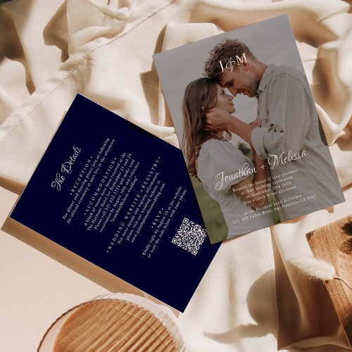 QR Code Navy Blue Budget Monogram Details Wedding Invitation