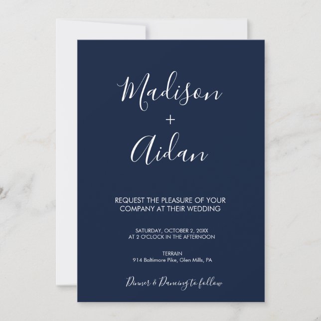 QR Code Navy Blue Calligraphy Wedding Invitation (Front)