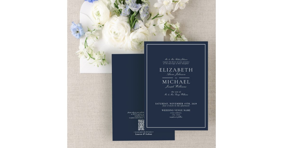 QR Code Navy Blue Classic Script Wedding Invitatio Invitation | Zazzle