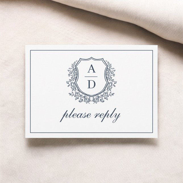 QR Code Navy Blue Crest Monogram Wedding RSVP Card (Creator Uploaded)