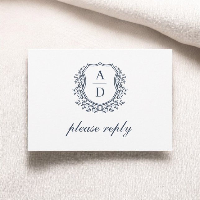 QR Code Navy Blue Crest Monogram Wedding RSVP Card (Creator Uploaded)