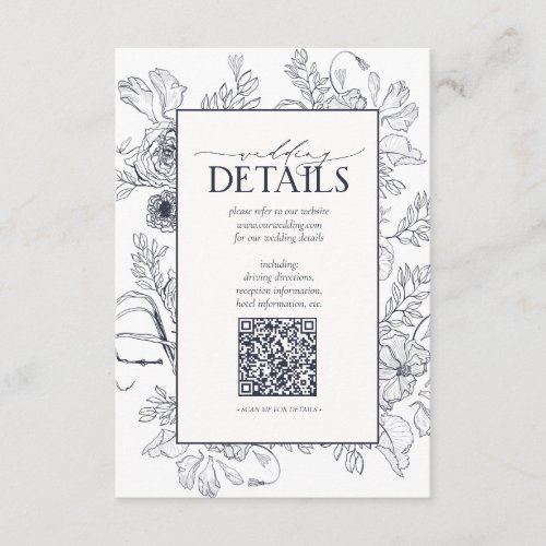 QR Code Navy Blue Floral Wedding Details Enclosure Card