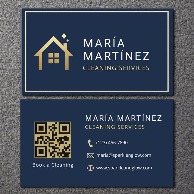 QR Code Navy Blue Gold Cleaning Services Business Card (Creator Uploaded)