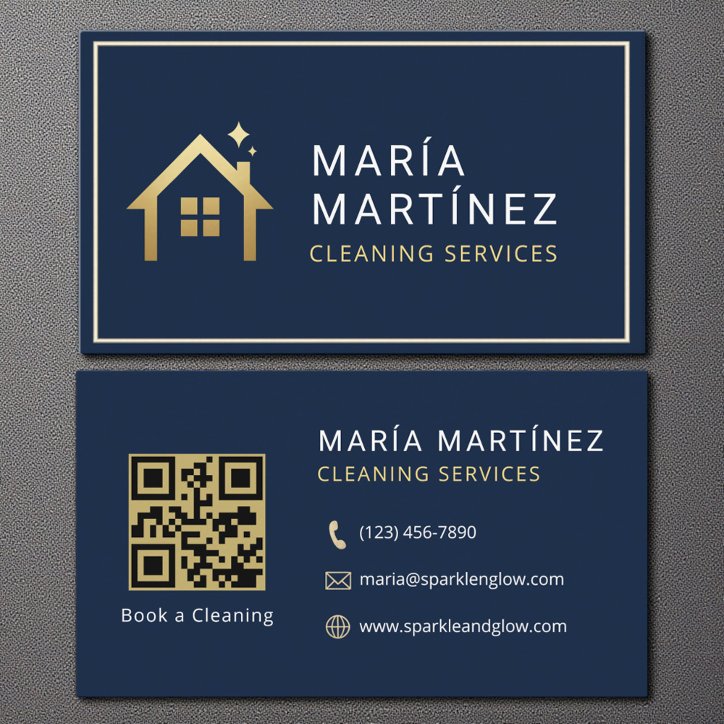 QR Code Navy Blue Gold Cleaning Services Business Card