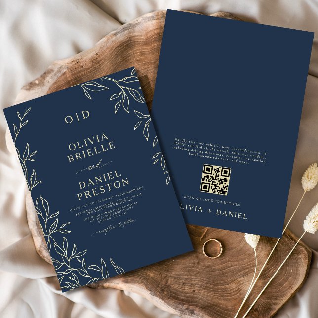 QR Code Navy Blue & Gold Minimal Leaf Wedding Invitation (Creator Uploaded)