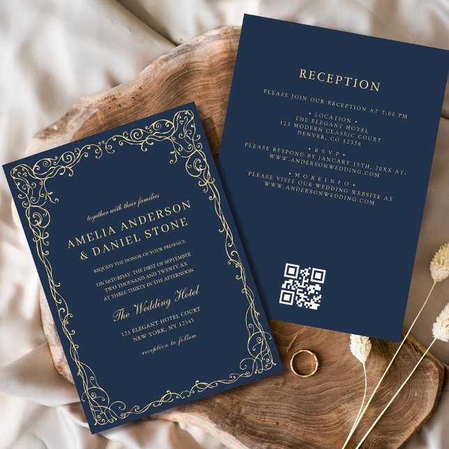 QR Code Navy Blue Gold Minimal Wedding Invitation (Creator Uploaded)