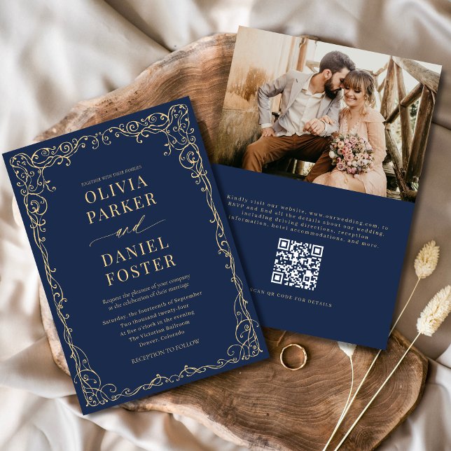 QR Code Navy Blue Gold Photo Minimalist Wedding Invitation (Creator Uploaded)