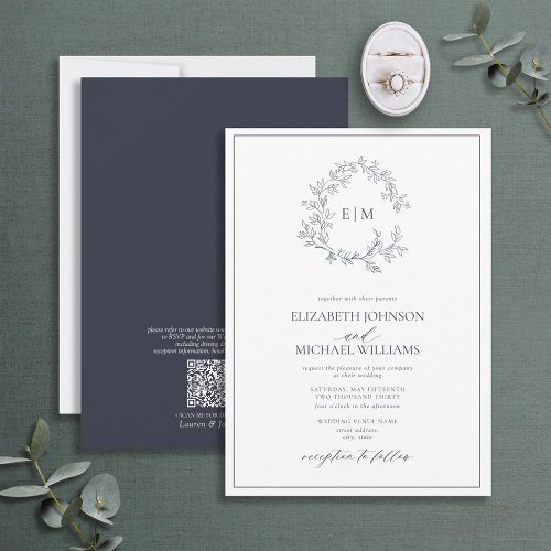 QR Code Navy Blue Leafy Crest Monogram Wedding Invitation