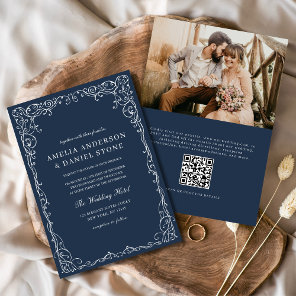 QR Code Navy Blue Photo Minimalist Elegant Wedding Invitation
