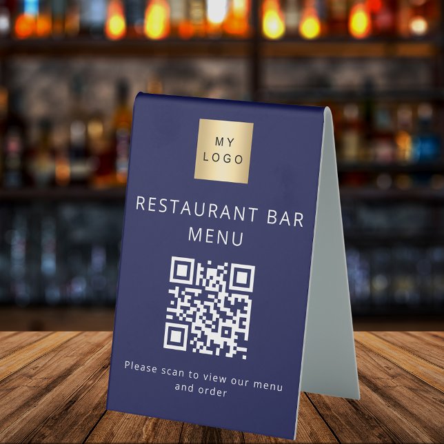 QR code navy blue restaurant cafe bar scan menu Table Tent (Creator Uploaded)