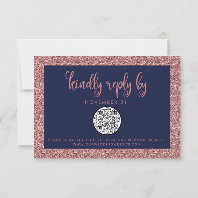 QR Code Navy Blue Rose Gold Glitter Wedding RSVP (Back)