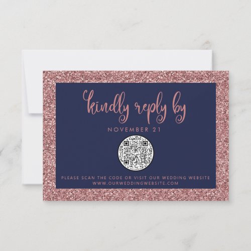 QR Code Navy Blue Rose Gold Glitter Wedding RSVP