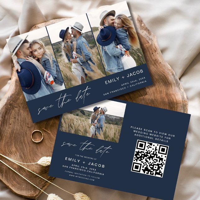 QR Code Navy Blue Save the Date 4 Photo Elegant  (Creator Uploaded)
