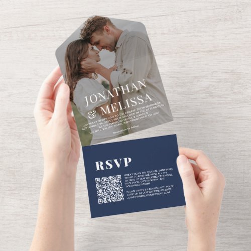 QR Code   Navy Blue Simple Overlay Photo Wedding All In One Invitation