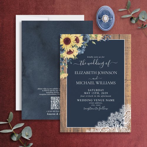 QR Code Navy Blue Sunflower Lace Script Wedding Invitation