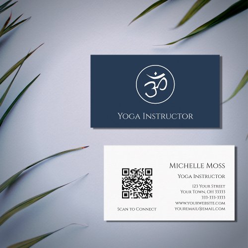 QR code Navy Blue Yoga Instructor Om Symbol  Business Card
