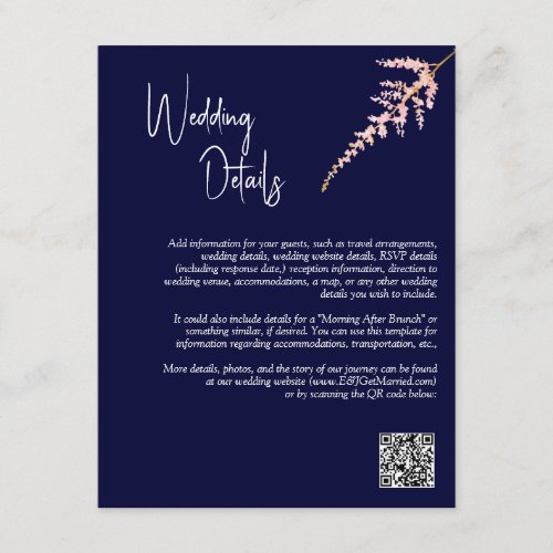 QR Code Navy Blush Pink Floral Wedding Details Enclosure Card