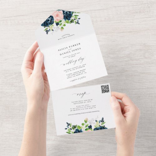 QR CODE navy pink blush elegant floral wedding All In One Invitation