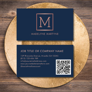 QR Code Navy Rose Gold Monogram Elegant Business Card