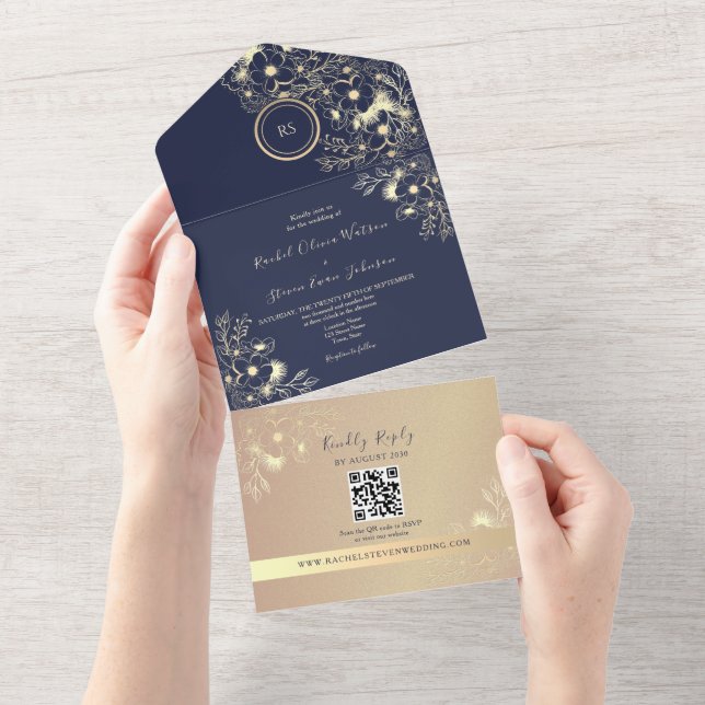 QR Code Navy Rose Gold Wedding All In One Invitation (Tearaway)